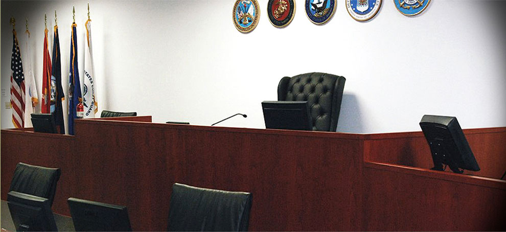 Judges bench and witness stand in Courtroom 2